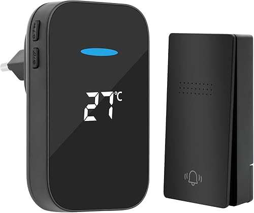 Funktürklingel, Türklingel Funk Set mit 38 Klingeltönen 4 Lautstärken Blinkende LED und Temperaturanzeige, IP67 Aussen Wasserdicht Haustür Klingel mit Drahtlose Reichweite 300m (Schwarz) - Cheap-Us