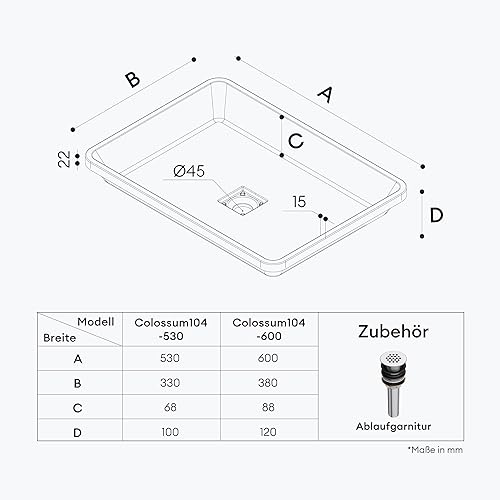 Mai & Mai Waschbecken mineralguss Einbauwaschbecken ca. 53x33x10,5 cm (BxTxH) in Anthrazit matt mit Ablaufabdeckung Col104 - Cheap-Us