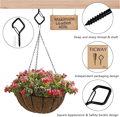 Ticway 20 Stück Edelstahl Schraubhaken, Haken Zum Schrauben mit Sicherung, Wandhaken, Deckenhaken, Schraubhaken Schwarz Kann für Pflanzen, Blumentöpfe, Dekorative Lichter und Tassen Verwendet Werden - Cheap-Us