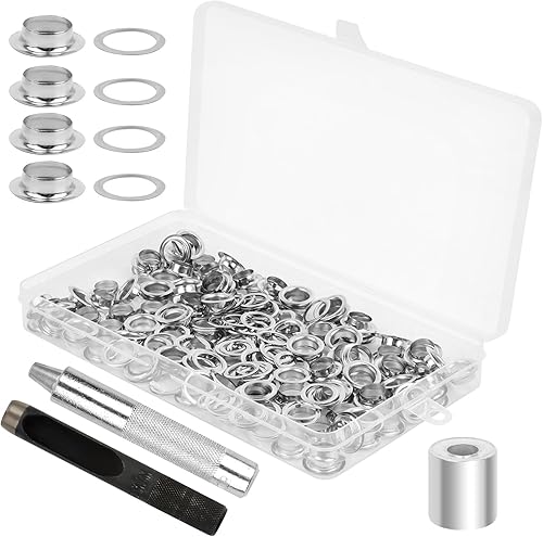 100 Sets Ösen Set, Grommet Werkzeug Kit, Ösen Scheiben Ösenwerkzeug, Ösen Grommet Werkzeug Kit 10mm, mit 3tlg Werkzeugset, für Schuhe, Gepäck, Leder, Plane, Zelte, Markisen, Taschen (10mm) - Cheap-Us