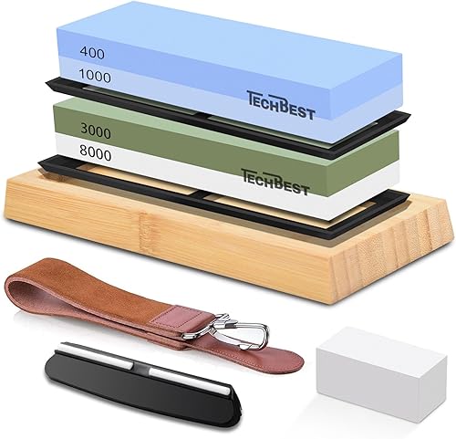 TechBest Schleifstein Messer Set - Wetzstein Körnung 400/1000 3000/8000 mit rutschfester Bambusbasis,Flachstein,Winkelführung und Lederstreifen - Cheap-Us