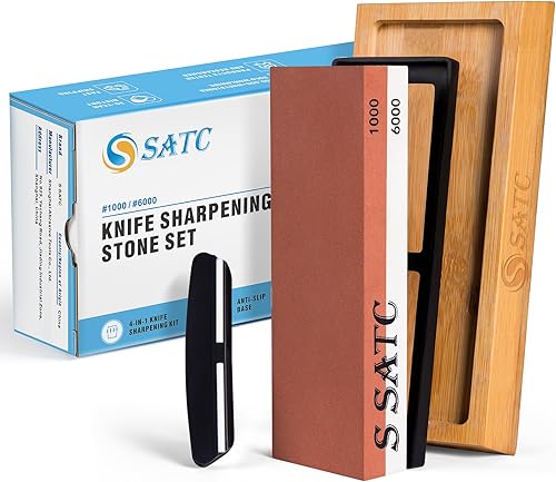 S SATC Schleifstein Messer Körnung 1000/6000 Wetzstein Professionell Schärfstein 2-IN-1 Messerschärfer Abziehstein Sharpening Stone mit Rutschfeste Bambusbasis und Winkelführung - Cheap-Us
