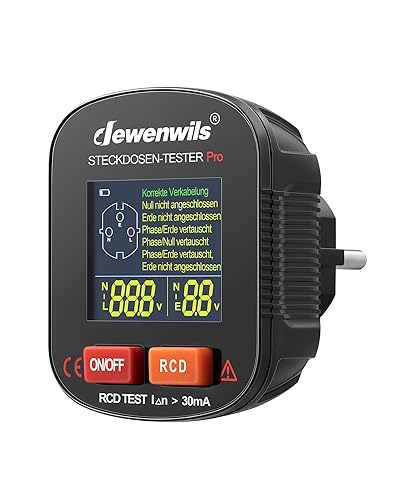 DEWENWILS Steckdosentester, Stromprüfer mit RCD-Prüfung und LCD-Display, 6 Arten von Fehlerdiagnose, Leckspannungs- und Stromanzeige, FI Test, 48-250V/45-65Hz, CAT ll 300V - Cheap-Us