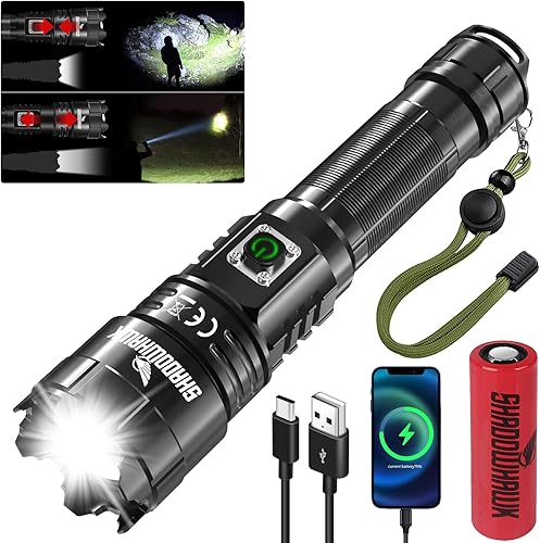 Shadowhawk LED Taschenlampe Aufladbar, Extrem Hell 500000 Lumen Taschenlampen Batteriebetrieben USB, XHP70.2 Taktische Taschenlampe, IP67 Wasserdicht 5 Lichtmodi Zoombar für Camping Wandern Notfälle - Cheap-Us