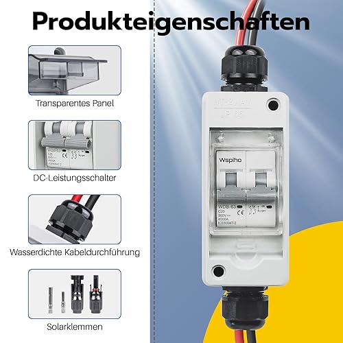 WSPIHO PV Sicherungsautomat 2 Polig für PV Anlage,IP65 Wasserdicht Gehäuse Verteilerkästen,DC Trennschalter Leitungsschutzschalter mit Photovoltaik Kabel (30A DC500V) - Cheap-Us