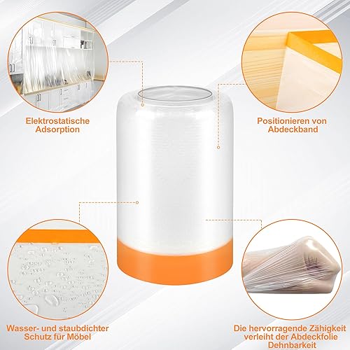 FIRLUNHI Abdeckfolie mit Klebeband, 3 rolls of 180CM x 15M,abdeckfolie maler,abdeckfolie auto lackieren,Selbstklebende folie,Für Wandanstriche, Schutz von Autolacken, Staubschutz für Möbel - Cheap-Us