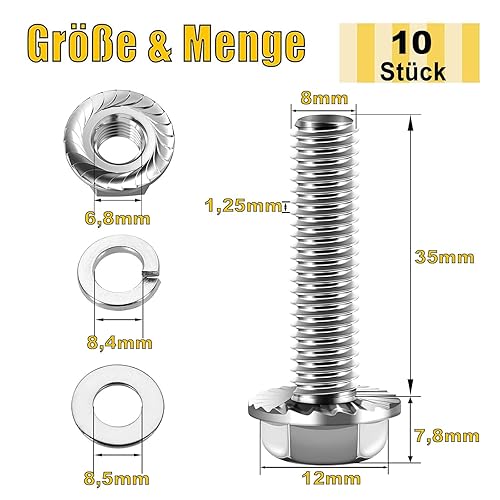 10 Stück M10x25 Sechskantschrauben, Flansch Schrauben, Edelstahl A2 V2A, Außensechskan, Vollgewinde, Unterlegscheiben, Federringe & Muttern/Schrauben-Sortiment mit Magnetischem Sechskant-Bit - Cheap-Us