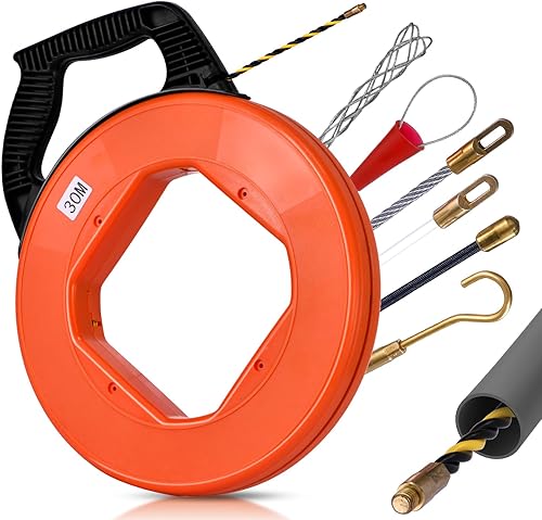 Hancaner Kabeleinziehhilfe 30M für Leerrohre inkl. 6 Adapter Einzugshilfe Kabel Einziehspirale - Zugdraht für Leerrohre mit Bruchsicherem Kabel, Kabeleinziehgerät mit Kunststoffgehäuse und Handgriff - Cheap-Us