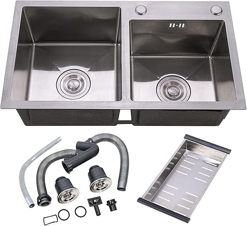 Doppelbecken Edelstahlspüle Einbauspüle Gebürstet Waschbecken Küche Spülbecken mit Abtropfkorb Küchenspüle Doppelspüle Waschbecken 78x43x21 cm - Cheap-Us