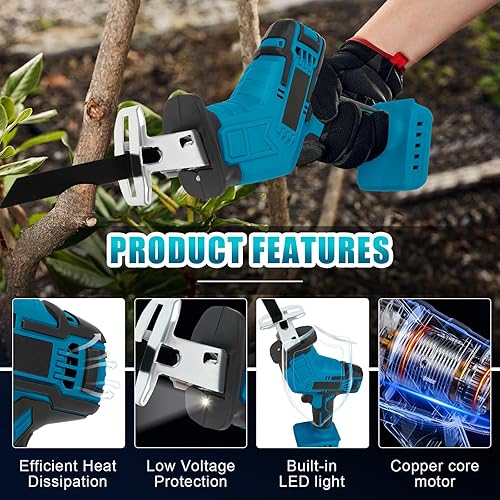 Akku Säbelsäge Kompatibel mit Makita 18V, Elektrische Reciprosäge mit 4 Sägeblättern Sicherheitsschloss LED Licht, Tragbare Säbelsäge für Metall, Holz, PVC Rohre, Baumschnitt (ohne Batterien) - Cheap-Us