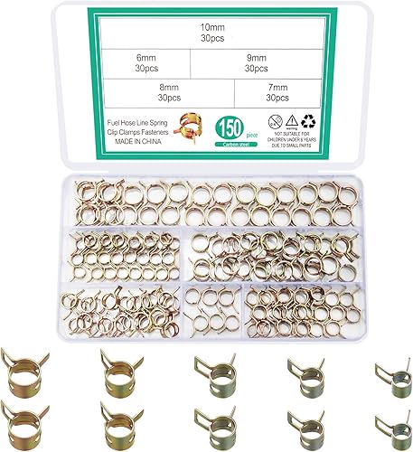Vwoqiy 150 Stück Schlauchschellen, Schlauchfeder Federklemmen, Kraftstoffleitung Federbandschellen, Benzin Rohrschellen Set für Luftschlauch, Wasserleitung - 6mm/7mm/8mm/9mm/10mm - Cheap-Us