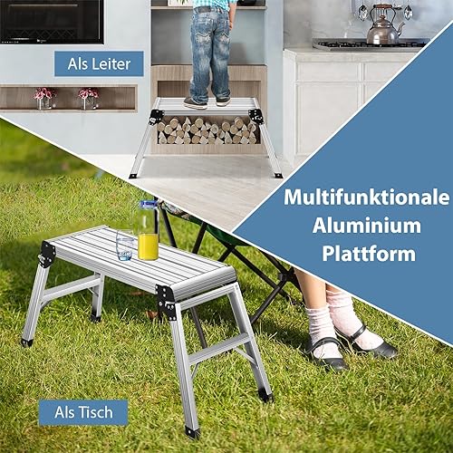 SOARS Arbeitsplattform klappbar, tragbare Aluminium Arbeitsbühne, Trittbank bis 150 kg belastbar, Plattformleiter mit Anti-Rutsch-Matte & Sicherheitsschlössern, Stufenleiter für Zuhause & Garage - Cheap-Us