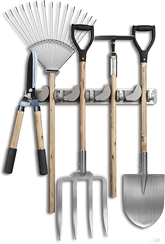 Platzsparender Gerätehalter für die Wand - Aluminium-Profil mit 4 individuell positionierbaren Halterungen und 5 Haken [Für Besen, Gartengeräte, Werkzeug] - Ideal in Garage, Werkstatt und Garten - Cheap-Us