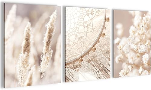 Novart Wandbilder Set Boho Style - KOMPLETT AUFHÄNGFERTIG - Wohnzimmer Schlafzimmer Deko - 3 Moderne Bilder Beige - N008735a - Cheap-Us
