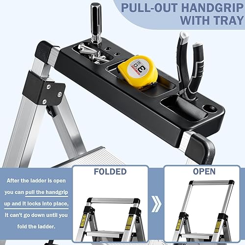 XinSunho Stufenleiter, Klapptritt 4 Stufen mit Ausziehbarem Handlauf, Aluminium Tritthocker, rutschfeste Tragbare Leiter für Haus und Büro, Belastbar bis 150 kg - Cheap-Us