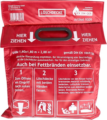 Löschdecke 1,60 x 1,80 m in Tasche zum Aufhängen mit Grifftaschen zur sicheren Handhabung - Cheap-Us