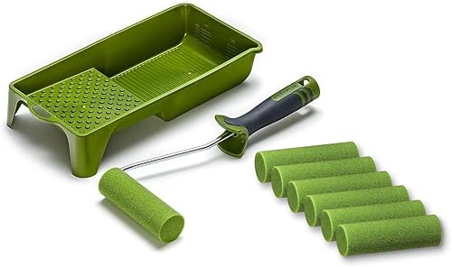 Colorus Lackier Set: 7 x Schaumwalzen 11cm gerade superfein | 1 x Farbroller Steckbügel Soft Griff | 1 x Farbwanne 15x32 cm Schaumstoffrolle 11cm - Cheap-Us