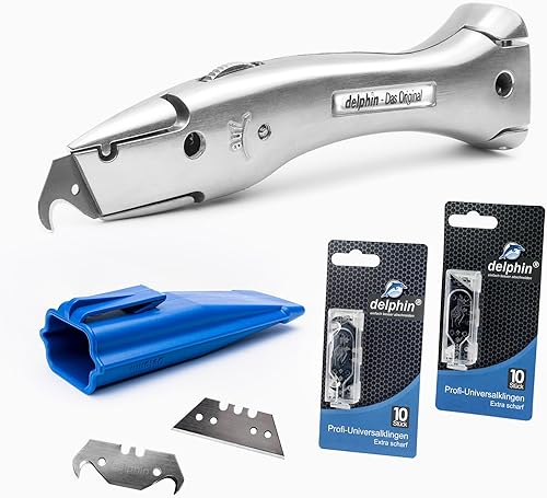Teppich- und Vinylmesser-Set, bestehend aus Delphin®-03-Messer, 10 Delphin®-Hakenklingen, 10 Delphin®-Trapezklingen, Kunststoffköcher - Cheap-Us