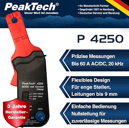 PeakTech P 4250 Stromzangen-Adapter für Multimeter AC/DC mit 4 mm Steckern Nullpunkteinstellung für Gleichstrom-Amperometrie, Strommessung, Durchmesser bis zu 9 mm - Stromzange CAT III 300V - Cheap-Us