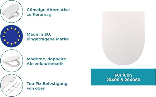 Calmwaters® Antibakterieller WC Sitz für Keramag Renova Nr. 1, Toilettensitz mit Absenkautomatik, Duroplast Toilettendeckel, überlappende D-Form, Edelstahlscharnier, Klodeckel, Weiß, 26ZZ3550 - Cheap-Us