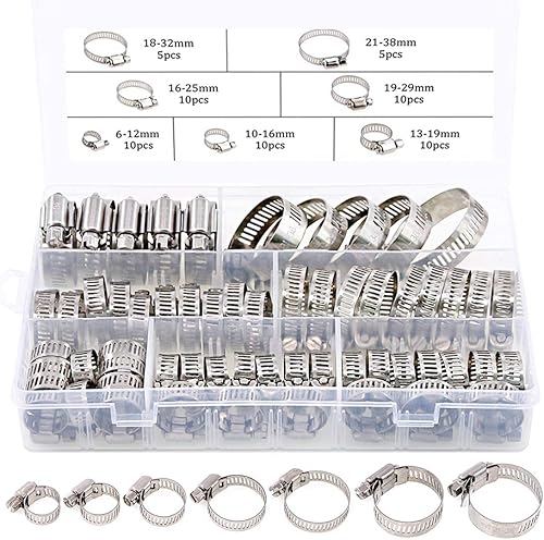 Dabeto 60 Stück Schlauchschellen Set 6-38mm,Innen und außen komplett aus 304 Edelstahl,Starker Schutz gegen Rosten,Bandbreite 8-12mm,7 Größen Set Sortierte Lagerung in einer Box - Cheap-Us