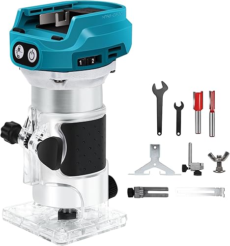 Akku Oberfräse kompatibel mit Makita 18V Akku, 1300W Oberfräse Trimmer Einhandfräse, Bürstenloser Kantenfräser mit 6 Geschwindigkeit, 28.000 U/min Akku-Holzfräser für Holzbearbeitung (no Akku) (Blue) - Cheap-Us