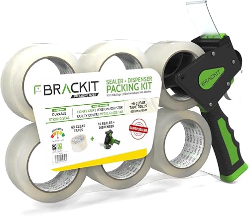 Paketklebeband Transparent - 6 St - Mit Profi Abroller - 48mm-Breit; 66m-Lang - Klebeband, Paketband, Packband - Prämie 50mic; Mit Starke Stabiler klebebandabroller (Brackit - Premium Qualität) - Cheap-Us