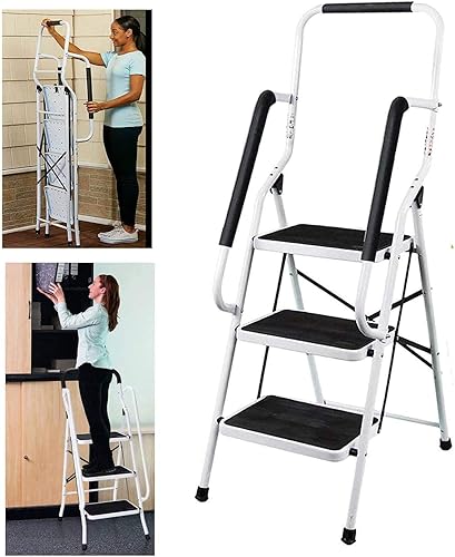 Trittleiter 3 Stufen klappbar mit Handlauf, Klapptritt aus Stahl mit Haltebügel und gummierten Stufen, Stehleiter - einfach zu verstauen, Klapptreppe bis 150 kg - Cheap-Us