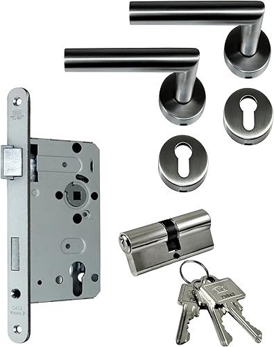 SN-TEC Zimmertür/Wohnungstür Komplett Set, Edelstahl Rosetten Beschlag L-Form (beidseitig Drücker) + PZ Schloss (DIN Links) + Profilzylinder incl. 3x Schlüssel - Cheap-Us