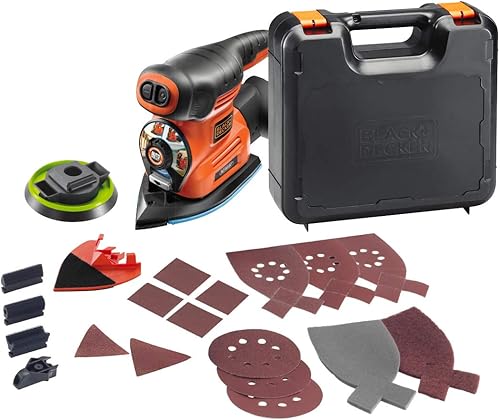 Black+Decker 4-in-1 Multischleifer (220W, mit Autoselect-Auswahl, werkzeuglosem Schleifplattenwechsel, mit Fingeraufsatz, im Koffer mit 17tlg. Schleifpapier-Zubehör-Set) KA280K - Cheap-Us