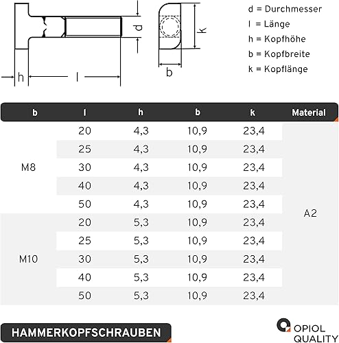 OPIOL QUALITY® Hammerkopfschrauben M8x70 mm aus Edelstahl A2 V2A (10 Stück) Ankerschrauben Hammerkopf Hammerschrauben Gewächshaus Schrauben Zubehör Rankhilfe Photovoltaik Solar - Cheap-Us