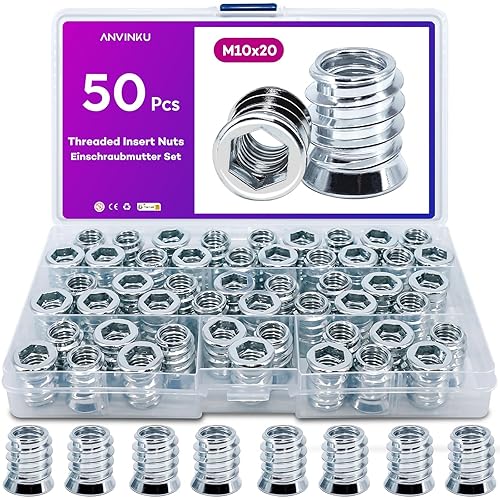 50 Stück Einschraubmutter M10x20mm, ANVINKU Einschraubgewinde Holz, Einschraubmuffen M10 mit Schraubenschlüsse, Gewindeeinsatz Holz Hex Innensechskant Mutter, Gewindebuchse für Möbel und DIY - Cheap-Us