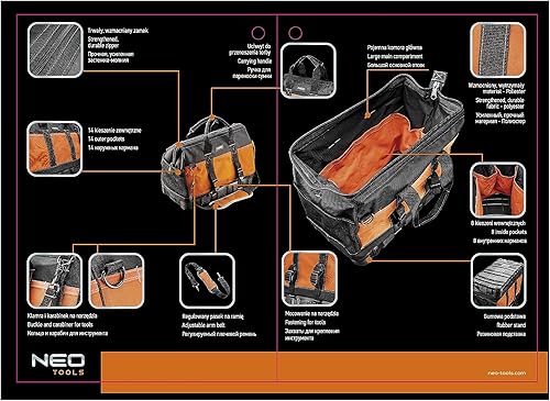 NEO TOOLS Werkzeugtasche Monteurtasche Polyester 600D, 17 Innentaschen, 2 Außentaschen, starre Bauweise, drei Hauptinnenfächer, verstärkte Reißverschlüsse 43.5 x 33 x 20 cm - Cheap-Us