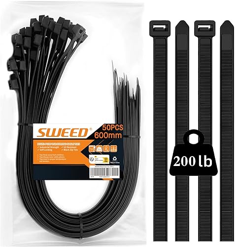 SWEED 50 Stück 600mm Kabelbinder Schwarz lang, Zip Kabelbinde Groß UV Beständig, Schwarz Kabelbinde Mit 90Kg Zugfestigkeit, Kann im Innen- und Außenbereich Verwendet - Cheap-Us