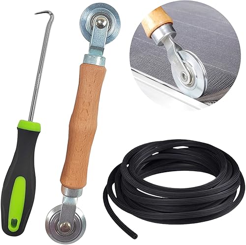 Werkzeug Doppelrad Dichtungseinroller mit Holzgriff, Einzieher Einroller Sieb Fenster Spline Roller Haken Werkzeug, 15m x 5mm Gummi Kederband, als Fliegengitter Insektenschutz Ersatzteil (3) - Cheap-Us