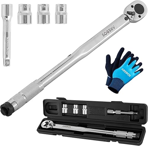 Arebos Drehmomentschlüssel 6 tlg. Set | 40-210Nm, 1/2'' Zoll | inkl. Stecknüsse 17, 19 und 21 mm, Verlängerung, Montagehandschuhe & Koffer | Toleranz +/- 4% | Reifenschlüssel Auto - Cheap-Us