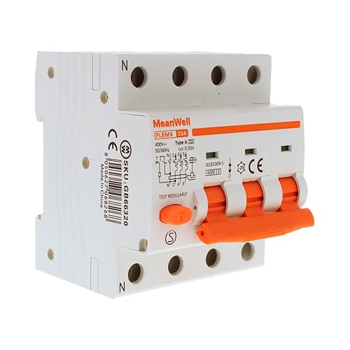 MeanWell Leitungsschutzschalter, dreiphasig, Typ A 30 mA, RCBO 3P+N C20 20 A, Kurve C 6000 A 380 V, 4 Pole mit 4 Modulen DIN-Schiene - Cheap-Us