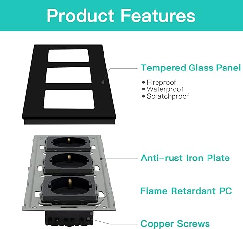 BSEED Schuko Steckdose 1 Fach KristallGlas Platte Steckdose Glas Unterputz Steckdose 16Amp Steckdose 86mm Weiß Verlängerungssteckdosen Wandsteckdose - Cheap-Us