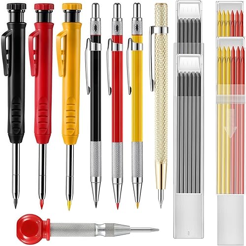 LunarGleam 44 Stück Tieflochmarker Bleistift Set - mit 7 Zimmermannsbleistift & 36 Bleistiftminen & 1 Stanzpositionierungsstift & Eingebautem Spitzer, für Holzbearbeitung, Baustelle mit Etui - Cheap-Us