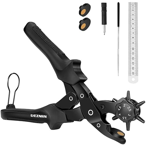 Ueznirn Gürtellochzange Heavy Duty Revolverlochzange Hebelübersetzung Lochzange Gürtel - Leder Locher mit 2 Extra Punch Platten, Lineal, Schleifstab, Kunsthandwerk, Karte, Gummi - Cheap-Us