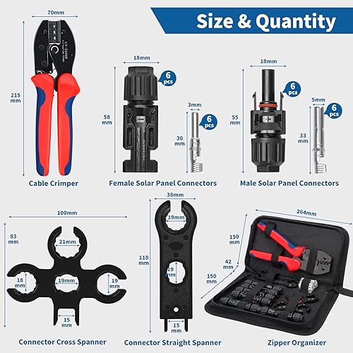 Elecoutek Solar Crimpzange Set für 2.5 4 6mm² Solarpanel Solarkabel, 6 Paar Männlich Weiblich Solarstecker, 2 Stk Schraubenschlüssel, 1 Stk Crimper Crimpwerkzeug für Solaranlage Photovoltaik - Cheap-Us