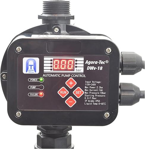 Agora-Tec® Pumpensteuerung Druckschalter Durchflusswächter AT-DWv-18 verkabelt (Ein- und Abschaltdruck einstellbar) mit Trockenlaufschutz, Überdrucküberwachung, Leckageanzeige - Cheap-Us
