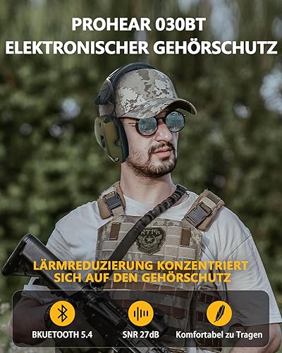 PROHEAR 030 Elektronischer Schiessen Gehörschutz mit Bluetooth, Schießstand Gehörschutzer, Aktiver Ohrenschützer Lärmminderung Klangverstärkung für Jagd, NRR22dB SNR 27dB - Grün - Cheap-Us