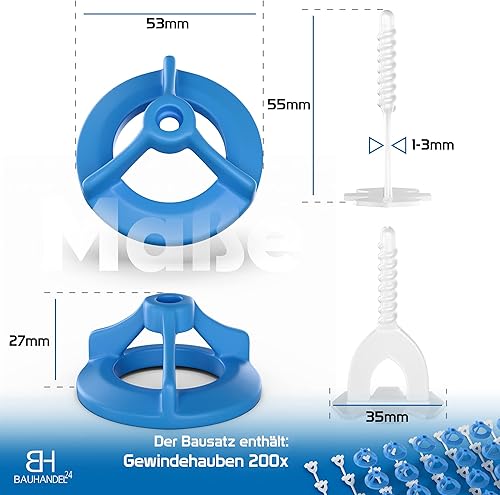 Bauhandel24 - Fliesenverlegehilfe Set 2mm, 200-teiliges Nivelliersystem, Verlegehilfe Gewindehauben, Zuglaschen, Fliesen Werkzeug - Cheap-Us
