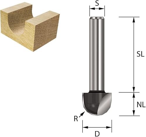 ENT 12284 Hohlkehlfräser HW, Schaft (S) 8 mm, Radius (R) 5 mm, (D) 10 mm, NL 9,5 mm, SL 32 mm - Cheap-Us
