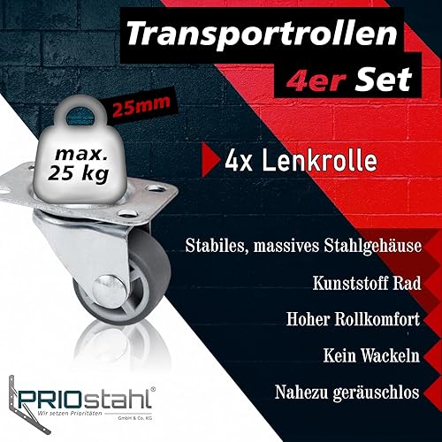 PRIOstahl Möbelrollen Lenkrollen Laufrollen Transportrollen Bettkastenrollen - 40mm x 4 Stück Rollen Grau drehbar für Möbel Bettkasten Stuhlrollen TPE-Räder mit Anschraubplatte & Kugellager - Cheap-Us