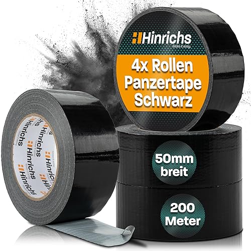 Hinrichs Panzertape schwarz - 4 Rollen 50m x 50mm Gewebeband - extra starkes Klebeband - wasserdichtes Panzerband - breites Gewebeklebeband schwarz - power Duct Tape für Innen und Außen - Cheap-Us