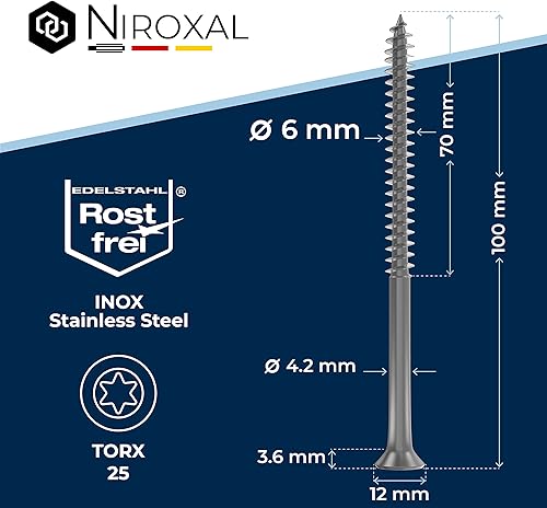 Schrauben Torx Edelstahlschrauben 6x20 Edelstahl V2A rostfrei Spanplattenschrauben für Holz Vollgewinde 6mm stark 20mm lang 50 Stück Holzschrauben Holz A2 - Cheap-Us