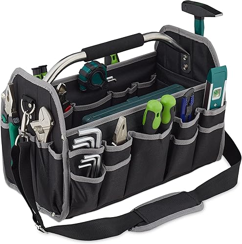Relaxdays Werkzeugtasche, leer, Schultergurt & Tragegriff, offene Tragetasche für Werkzeug, HBT 30 x 42 x 23 cm, schwarz - Cheap-Us