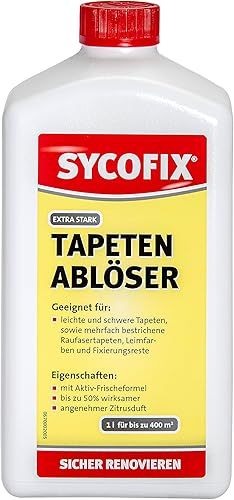 SYCOFIX Tapetenablöser hochwirksames Konzentrat, Tapetenentferner flüssig, Tapetenlöser mit Zitronenduft, löst und entfernt Raufaser- Papiert- Vlies- Vinyltapeten, Leimfarbe, 1l, transparent - Cheap-Us
